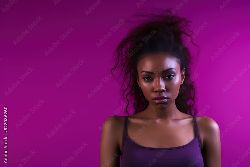 Magenta background sad black independent powerful Woman. Portrait of young beautiful bad mood expression girl Isolated on Background racism skin color 