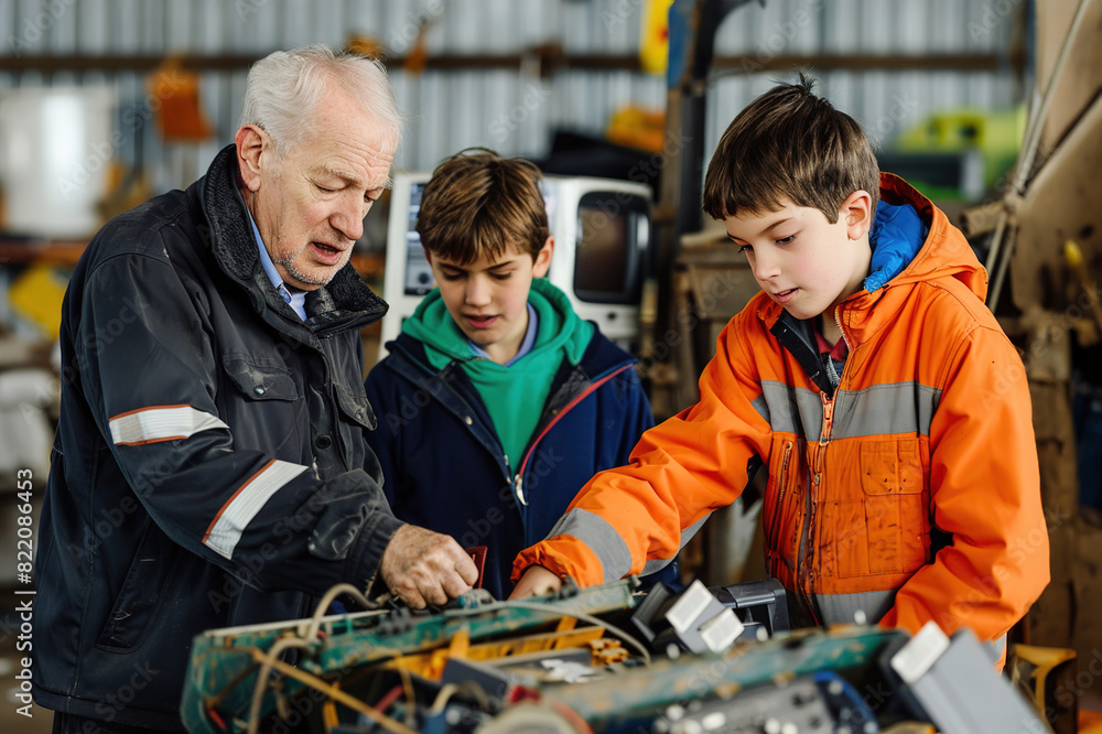 Family disposing of outdated electronics at recycling depot, green living principles.