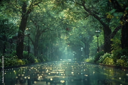 rainy trees, set against a backdrop of dark sky-blue and light emerald hues, creating a fantastical street scene.