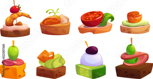 Appetizer food vector. Starter canape buffet snack. Banquet party dish with olive and vegetable. Sandwich appetiser or salmon bruschetta on toothpick set. Prepared in restaurant catering dinner