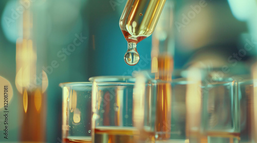Dripping reagent into test tube with liquid sample on photo