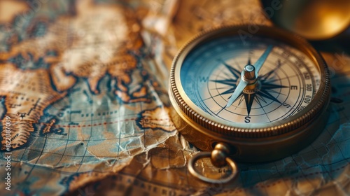 A close-up shot of a vintage compass resting on a map, with latitude and longitude coordinates visible, symbolizing exploration and the quest for discovery.