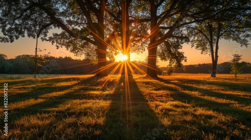 A serene image of the sun setting perfectly between two trees, casting long shadows on the ground, marking the arrival of the autumnal equinox and the beginning of fall.