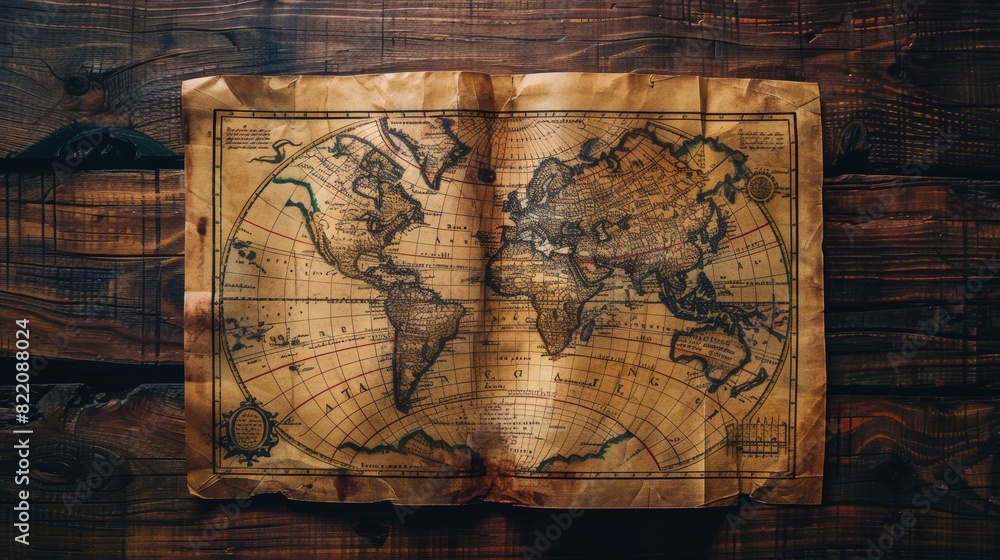 Naklejka premium An antique map spread out on a wooden table, depicting the continents and hemispheres with detailed cartographic illustrations, evoking a sense of historical exploration an