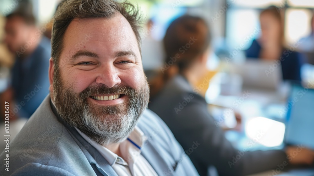 Fototapeta premium Professional Businessman Smiling in a Corporate Office Setting, Team Collaboration, Positive Workplace Environment