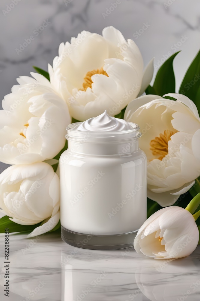 close up of collagen cream in glass jar and peony flowers on marble background. skin and body care beauty products. Mockup . AI Generated close up of collagen cream in glass jar and peony flowers on marble background. skin and body care beauty products. Mockup . AI Generated
