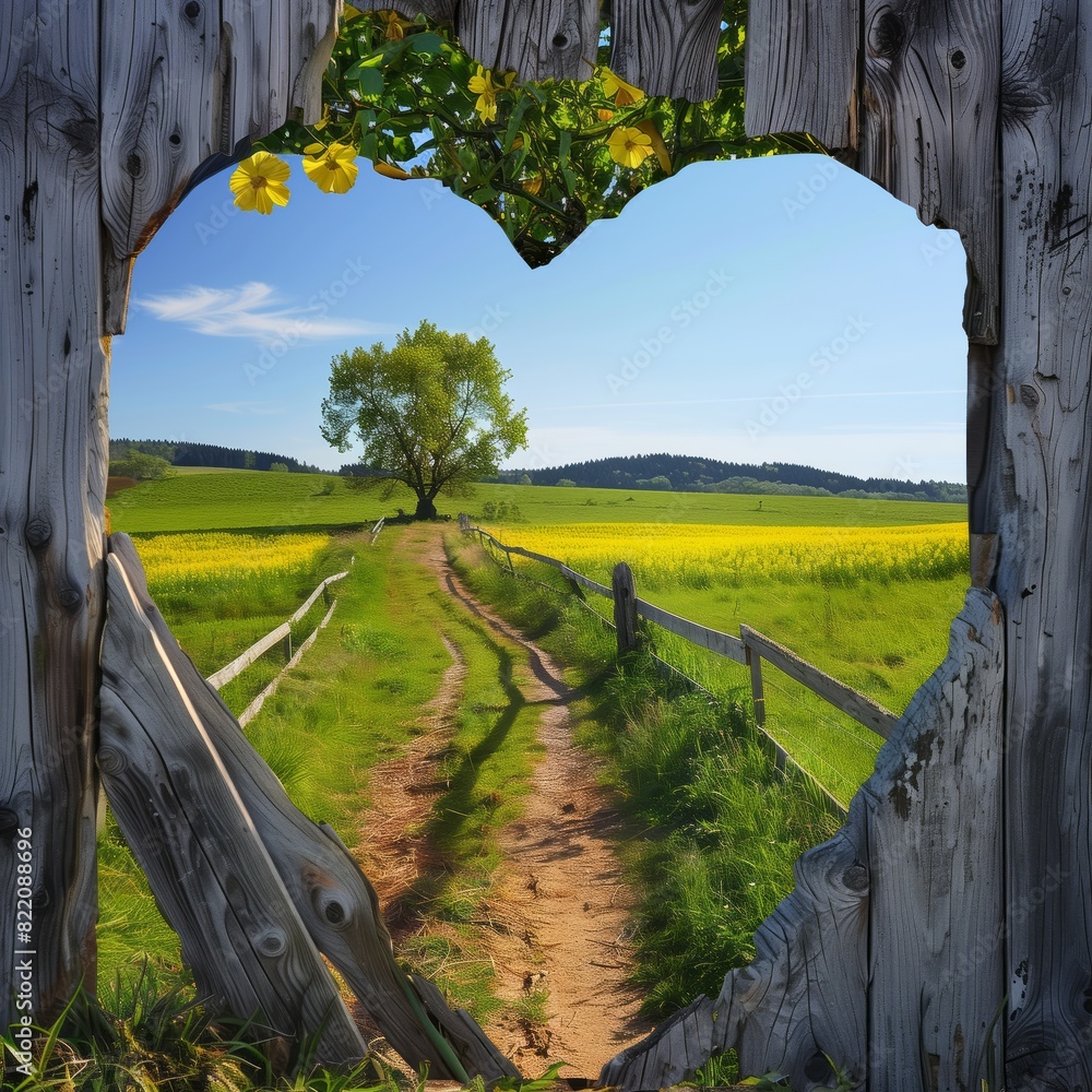 Fototapeta premium A beautiful rural scene captured through a heart-shaped opening in a weathered wooden fence. 