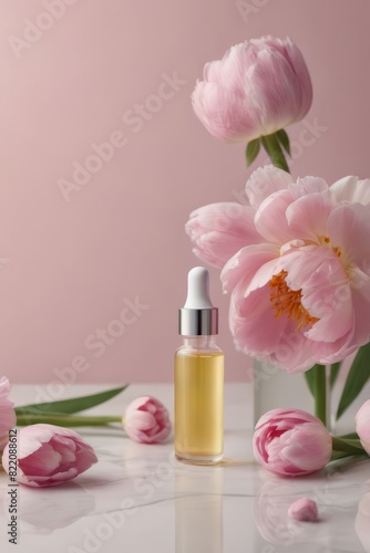 A glass bottle with collagen or hyaluronic acid on a neutral pink background with a peony flower and scattered petals. Place for text. Cosmetic, skin care serum, gentle care. AI Generated
