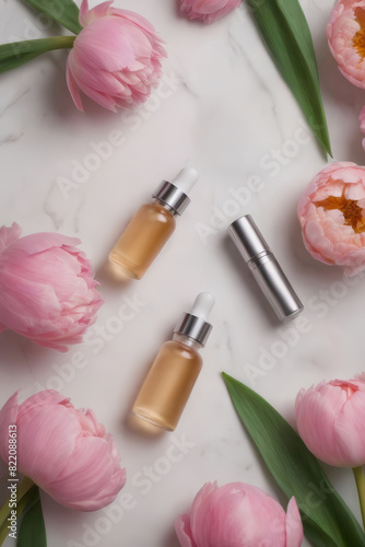 Set of natural face treatment cosmetics. Organic products in glass bottles - cream, essence for young and healthy skin with natural ingredients. Home routine . Peony flowers decor. AI Generated
