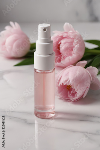 Blank glass spray rose bottle on marble background. Natural organic cosmetics, alternative medicine, sustainable lifestyle concept. Decor with peony flowers in minimalist style. AI Generated