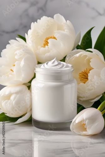 close up of collagen cream in glass jar and peony flowers on marble background. skin and body care beauty products. Mockup . AI Generated