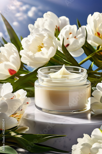face cream in a glass jar on marble podium surrounding white blooming tulips against blue sky. Skin care cosmetics. AI Generated