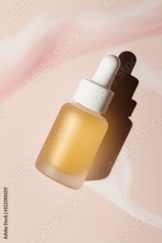 Top view of frosted glass dropper bottle with beauty face oil on beige marble background. anti aging serum with natural ingredients. AI Generated