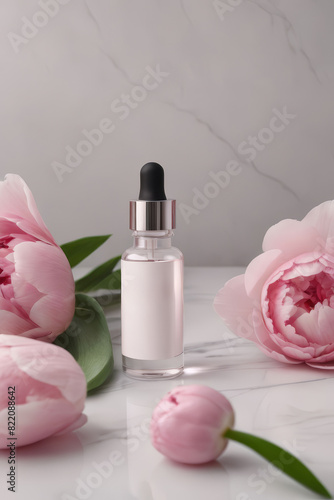 Facial serum in glass dropper bottle and pink peonies on marble background. Natural skin care cosmetic. Beauty routine concept. Minimal composition. Trendy product for branding.AI Generated