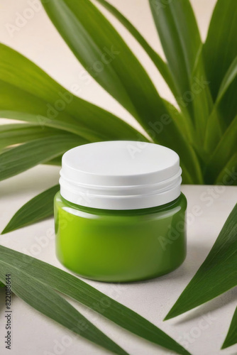 green plastic cream jar with white screw lid on a table surrounding green leaves. Skin care natural cosmetics non testing on animals. AI Generated