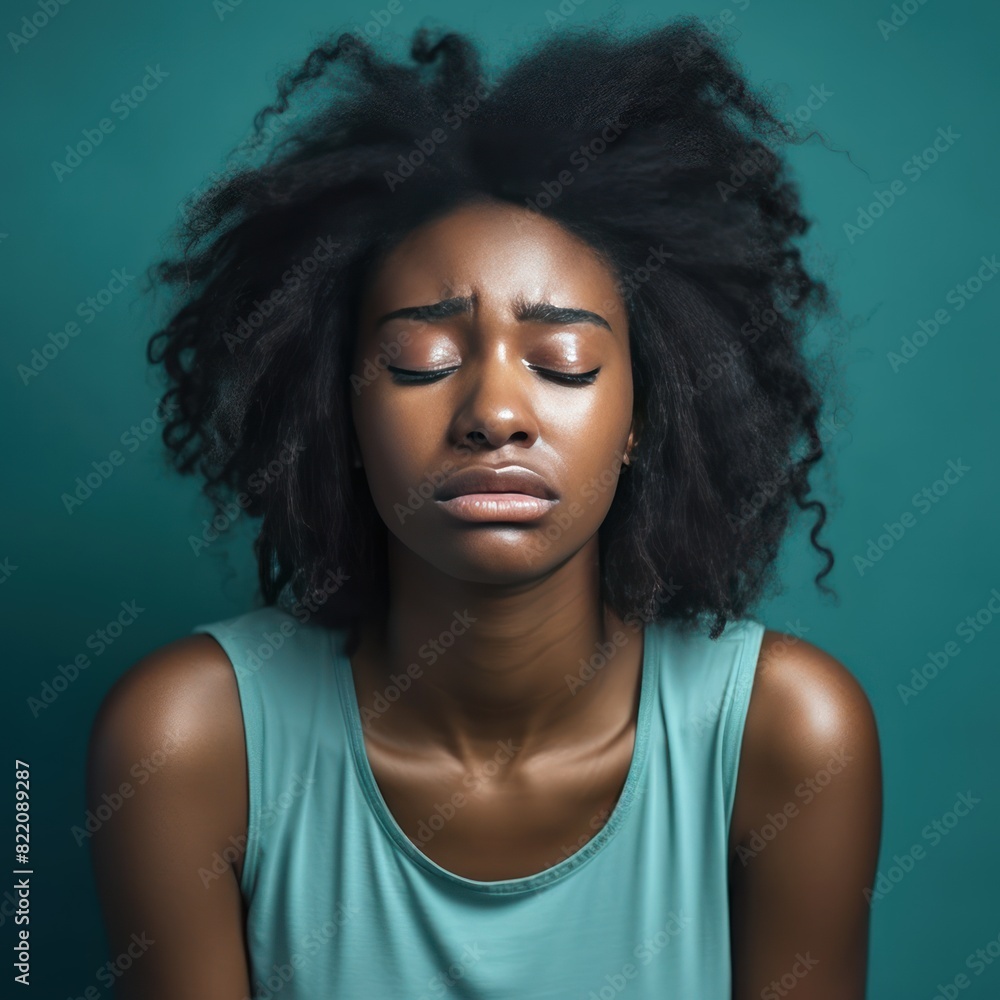 Mint background sad black independent powerful Woman. Portrait of young beautiful bad mood expression girl Isolated on Background racism skin color depression 