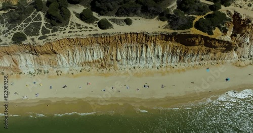 Aerial view of Praia da Falesia with stunning cliffs and sandy beach, Algarve region, Portugal.