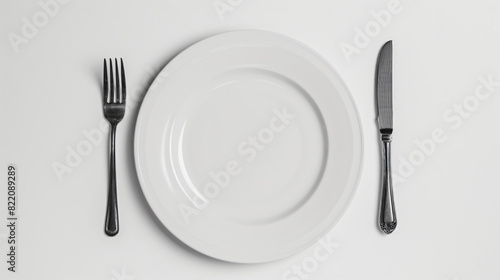 Empty plate fork and knife on white background top view