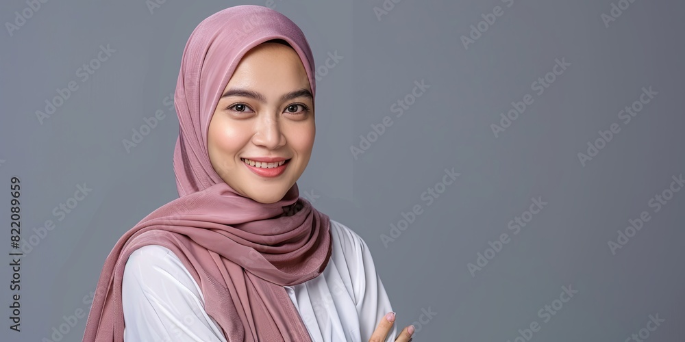 Indonesian hijab woman posing with joyous expression against gray backdrop Indonesian hijab woman posing with joyous expression against gray backdrop
