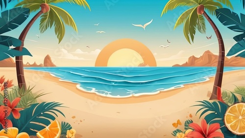 Sunset on summer beach background illustration. ocean sunset scenery. Colorful tropical beach landscape. Tropical Beach at Sunset with Palm Trees