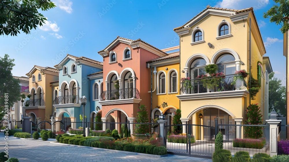 Colorful stucco finish traditional private townhouses. Residential architecture exterior. Created with generative Ai 