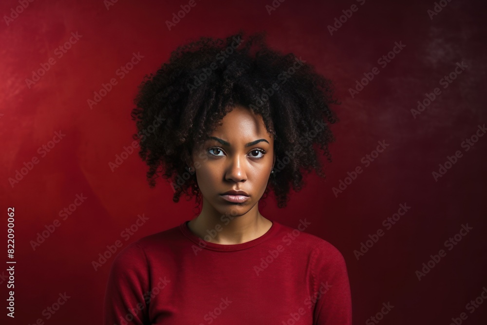 Maroon background sad black independent powerful Woman. Portrait of young beautiful bad mood expression girl Isolated on Background racism skin color depression 