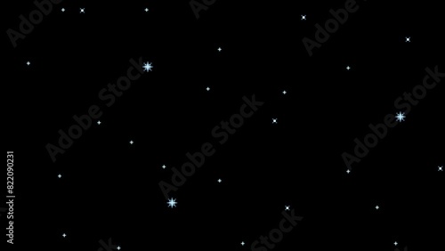 Animated pixel art space background. Glowing stars moving horizontally seamless looping animation on black. Retro video game outer space concept. 4K motion design.