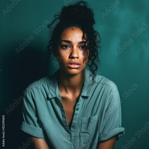 Mint background sad black independent powerful Woman. Portrait of young beautiful bad mood expression girl Isolated on Background racism skin color depression anxiety fear burn out 