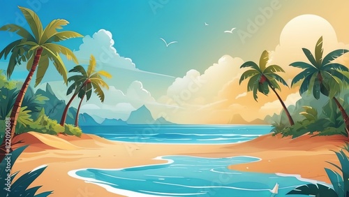 Sunset on summer beach background illustration. ocean sunset scenery. Colorful tropical beach landscape. Tropical Beach at Sunset with Palm Trees