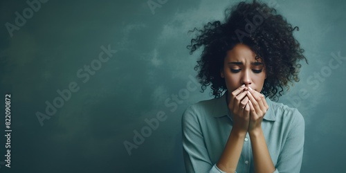 Mint background sad black independent powerful Woman. Portrait of young beautiful bad mood expression girl Isolated on Background racism skin color depression anxiety fear burn out  photo
