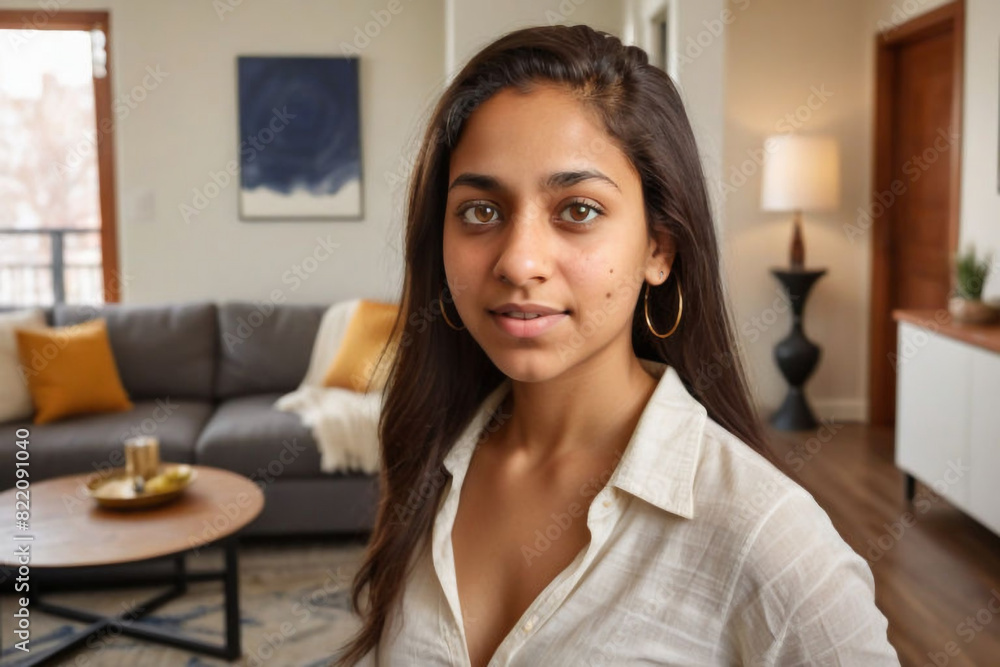 Headshot portrait of confident young Indian woman renter or tenant pose in modern own new apartment or house. Profile picture of millennial mixed race female look at camera. Diversity concept. Headshot portrait of confident young Indian woman renter or tenant pose in modern own new apartment or house. Profile picture of millennial mixed race female look at camera. Diversity concept.
