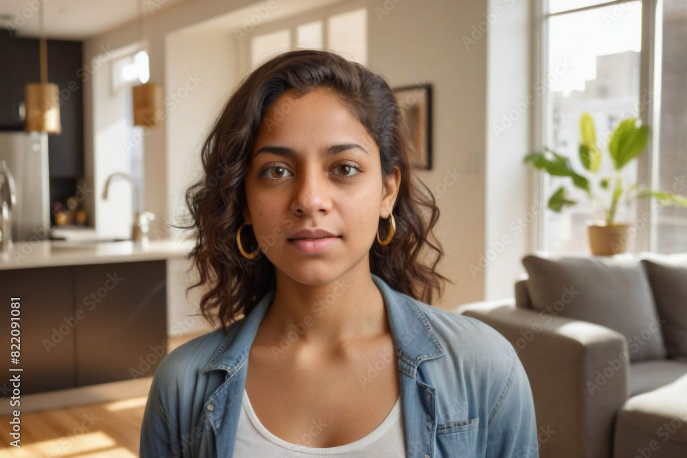Headshot portrait of confident young Indian woman renter or tenant pose in modern own new apartment or house. Profile picture of millennial mixed race female look at camera. Diversity concept. Headshot portrait of confident young Indian woman renter or tenant pose in modern own new apartment or house. Profile picture of millennial mixed race female look at camera. Diversity concept.