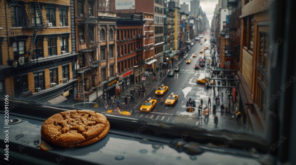 A cookie on a windowsill overlooking a rainy new york city street