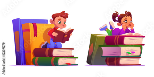 Girl kid and boy read school library book cartoon. Happy student children character learn textbook in preschool. Lesson homework for clever toddler clipart set. Fairytale story reader collection