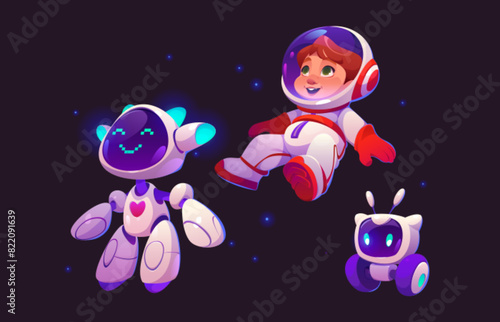 Funny kid astronaut and cute robot in space vector. Child cosmonaut floating in universe with ai character friend and galaxy wheel cyborg together. Happy smiling assistant baby bot and toddler concept