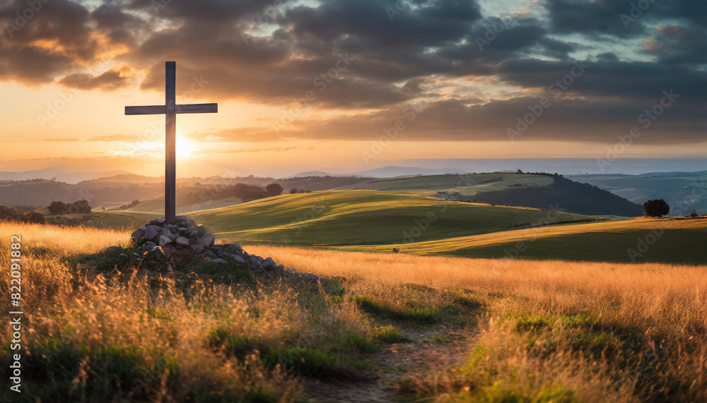Christian cross in serene sunset landscape with soft lighting, symbolic of faith and tranquility. Copy space available Christian cross in serene sunset landscape with soft lighting, symbolic of faith and tranquility. Copy space available
