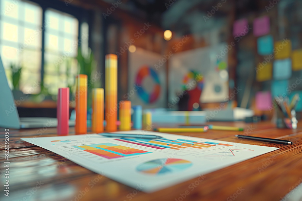 Vivid 3D bar graphs made of paper standing on a desk in a bright and lively creative office environment. Vivid 3D bar graphs made of paper standing on a desk in a bright and lively creative office environment.