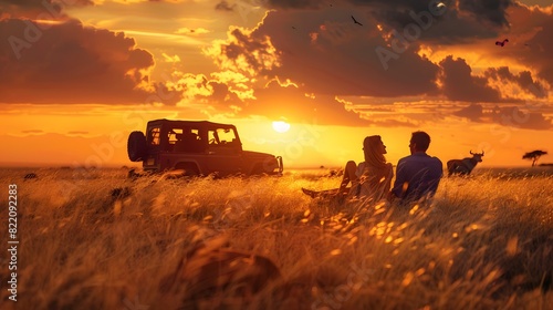 couple sitting on the floor Grass and a jeep in the grass field with wild animals in the background, the sunset 