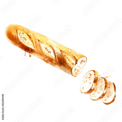 Watercolor hand drawn sketch bread baguette. Painted vector isolated illustration on white background for packaging design (ID: 822092448)