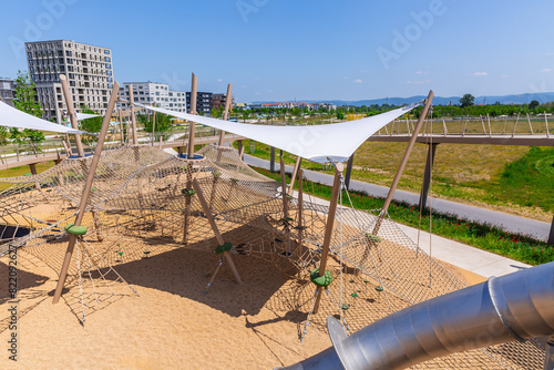 Large public city playground, panorama of modern urban area