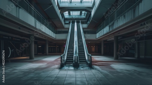 Abandoned mall escalators for a nostalgic or urban decay themed design photo
