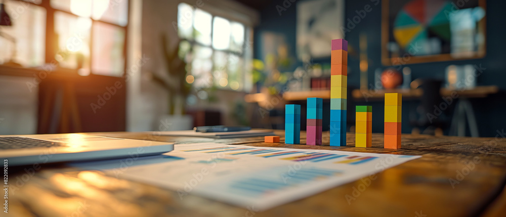 Vivid 3D bar graphs made of paper standing on a desk in a bright and lively creative office environment.