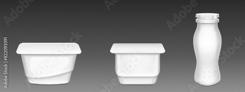 White plastic yogurt or cream cup package mockup. 3d blank yoghurt pot container with lid mock up. Empty round dairy food isolated bottle. Closed glossy yougurt packaging with clear brand label set