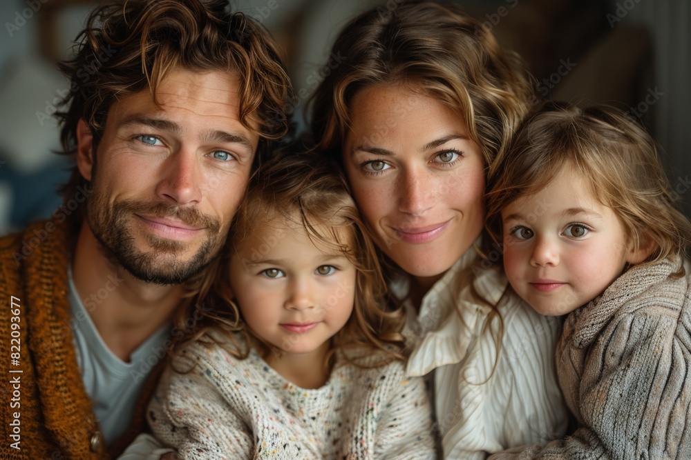 A cheerful family portrait showing closeness and joy with two children embracing their parents A cheerful family portrait showing closeness and joy with two children embracing their parents