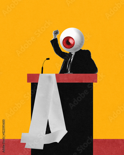 Vision of Authority. Political figure with intense red eye on head, standing at podium. Power and control, political and social manipulation. Contemporary art. Concept of propaganda. Creative design