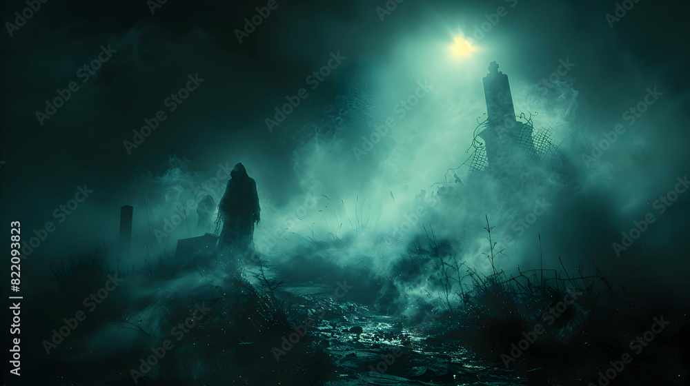 A vampire emerging from a coffin in a foggy graveyard on Halloween night A vampire emerging from a coffin in a foggy graveyard on Halloween night