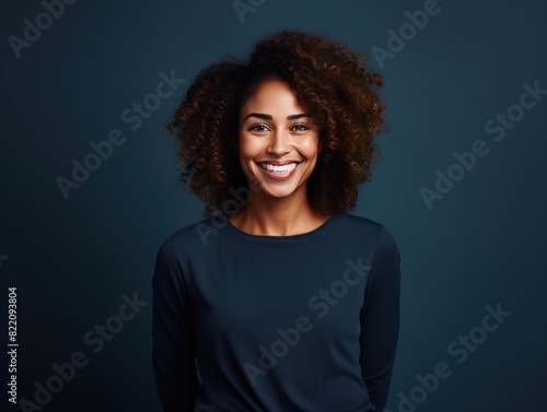 Navy background Happy black independant powerful Woman realistic person portrait of young beautiful Smiling girl Isolated on Background ethnic diversity equality 