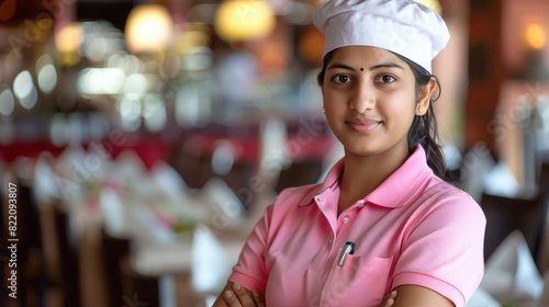 young indian woman standing at luxurious restaurant