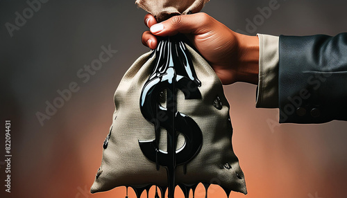 A hand holding a money bag with a dollar sign, dripping with black substance, symbolizing Corruption