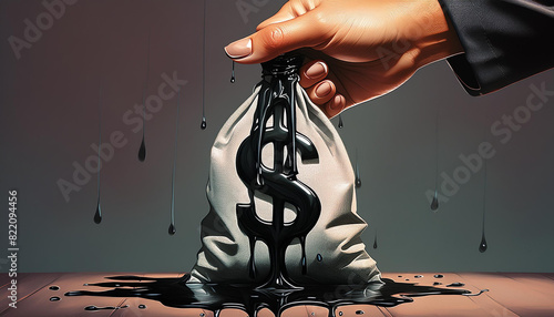 A hand holding a money bag with a dollar sign, dripping with black substance, symbolizing Corruption
